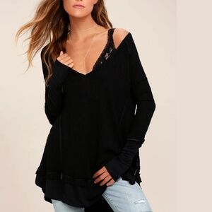 Free People Black Long Sleeve Top Waffle Knit